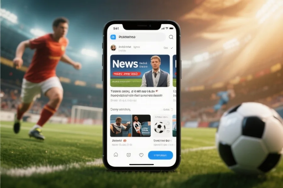 手机屏幕上显示着足球新闻快讯推送，背景为动态的体育场景