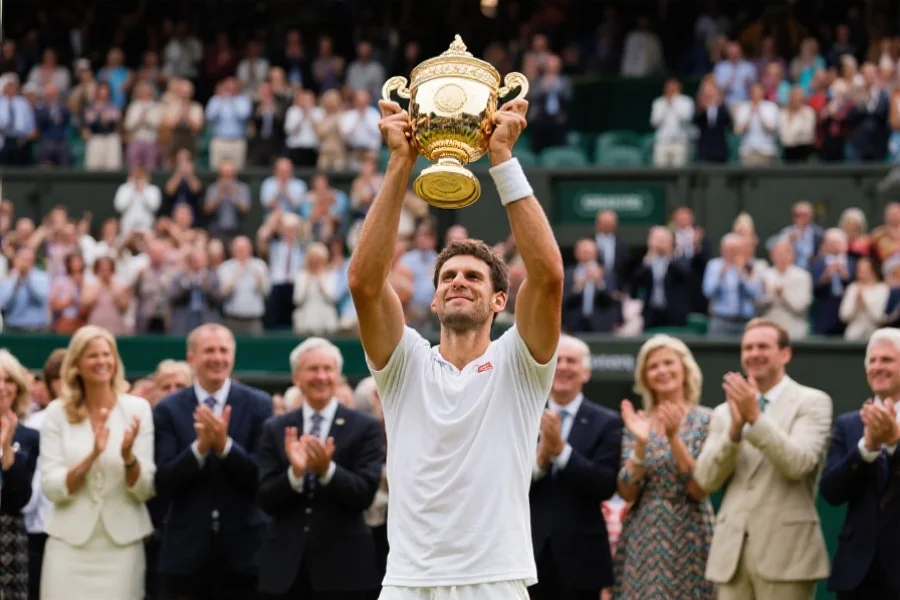 温布尔登网球锦标赛颁奖典礼，冠军高举奖杯，身后观众起立鼓掌，现场气氛热烈